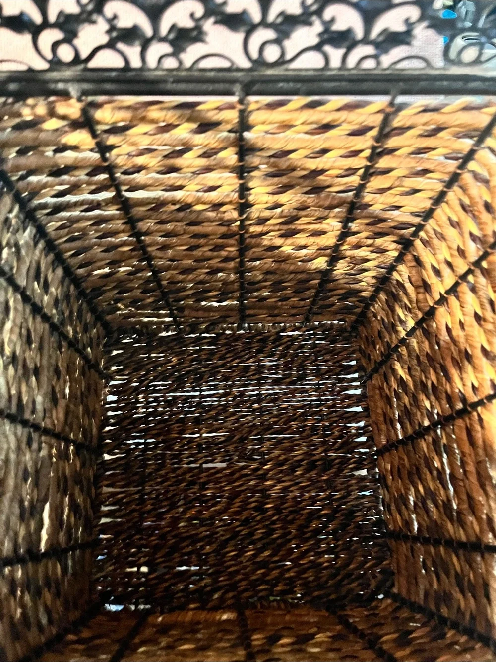 Woven Seagrass Storage Basket with Decorative Black Metal Rim